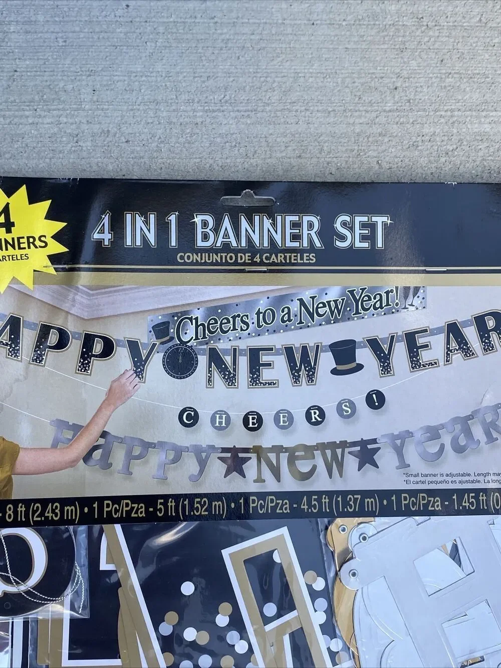 New Years Eve Letter Banner 4 Pack Silver Gold Black